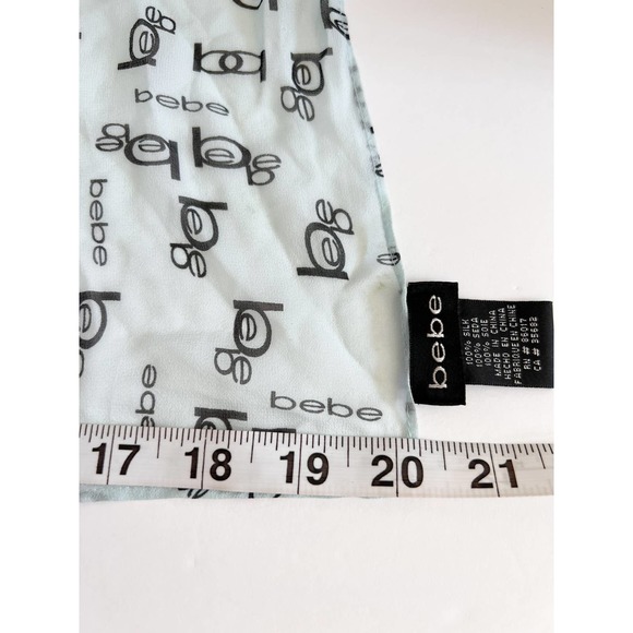BEBE Women's Light Blue/Black Silk Semi Sheer Allover "bebe" Logo Square Scarf - Picture 5 of 6
